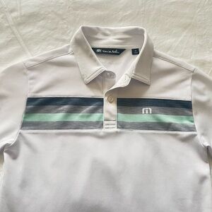 Travis Mathew White Polo with Gray Navy and Green Stripes size medium
